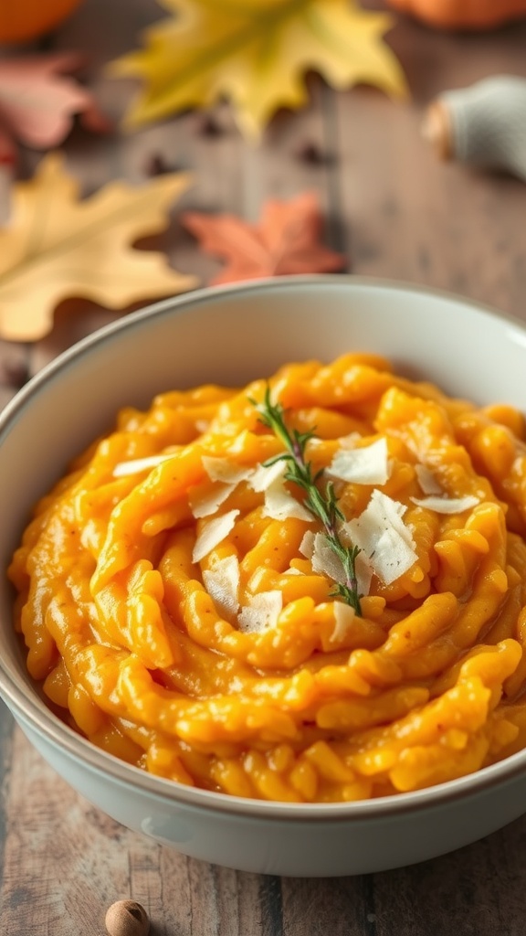 A bowl of creamy pumpkin risotto garnished with thyme and Parmesan cheese on a rustic table.